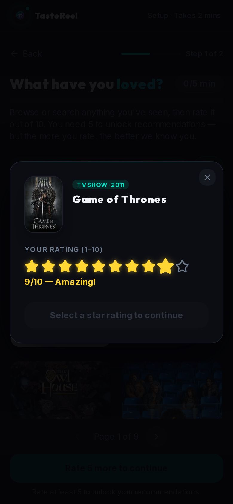 TasteReel rating modal — 9 out of 10, amazing